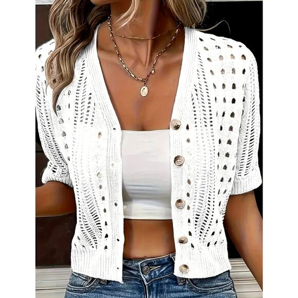 Versatile Comfortable Elegant V-Neck Knitted Cardigan White size 8/10 (L) - Picture 1 of 3